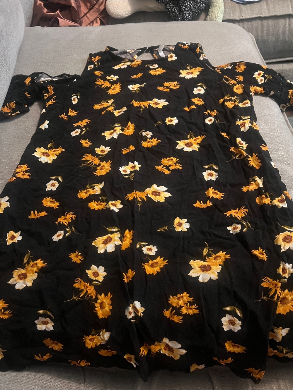 Xhilaration Black Midi Dress with Yellow and Cream Floral Print